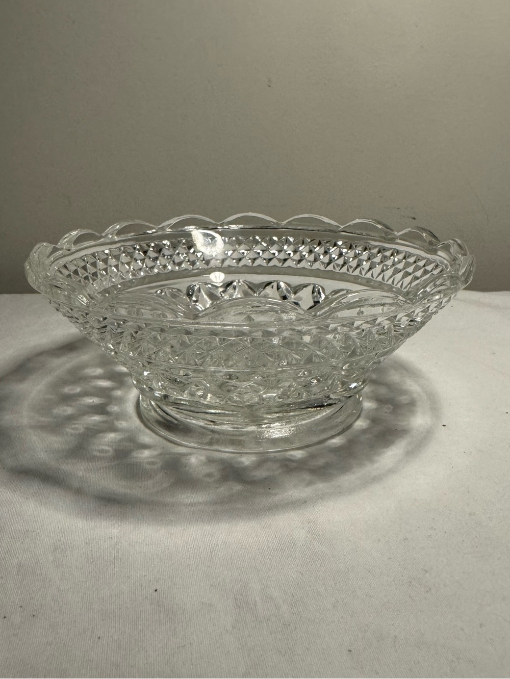 Vintage Anchor Hocking Wexford footed fruit bowl. Pressed clear glass, glows.